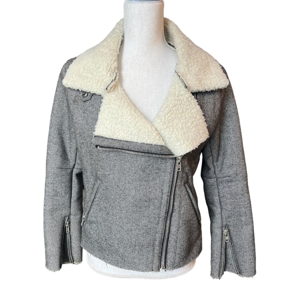 J.O.A shearling moto jacket lined raw edge moto biker neutral Sherpa cropped